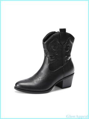 Western Cowboy Ankle Boots Embroidered Faux Leather Chunky Heel Booties